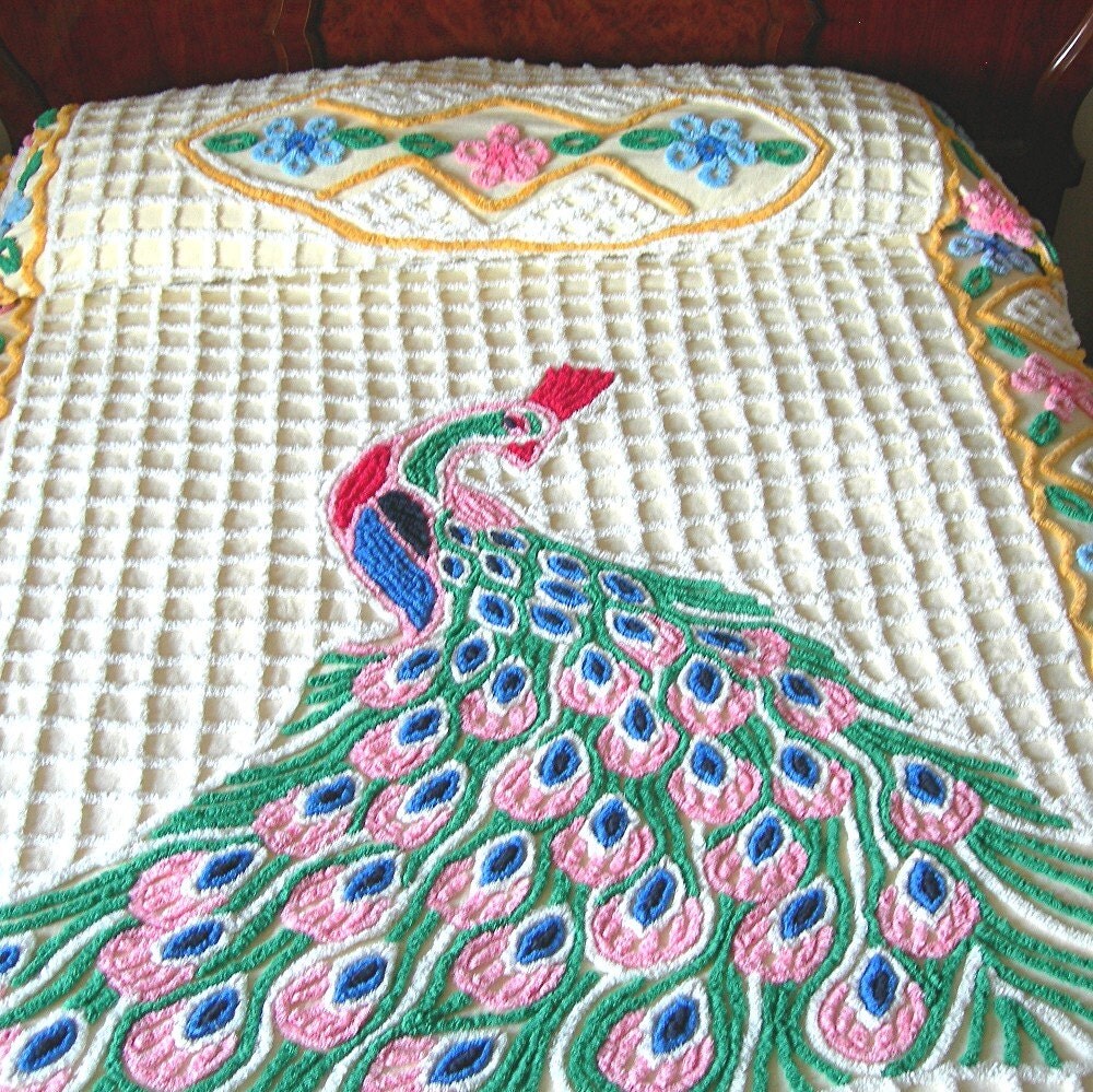 Peacock Chenille Bedspread Double Bed 94Wx100L