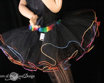 black adult tutu skirt with rainbow trim extra poofy bridal goth club gogo dance cosmic color run - You Choose Size -- Sisters of the Moon