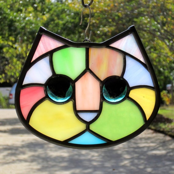 Pastel Calico Stained Glass Kitty Cat Face Suncatcher