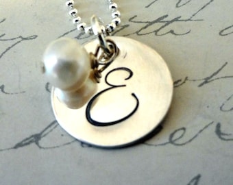 Hand Stamped Sterling Initial Necklace - Personalized Sterling Silver - Pearl