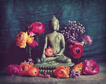 Buddha wall art print meditation yoga room decor ranunculus flowers charcoal gray gold "Buddha Offering"