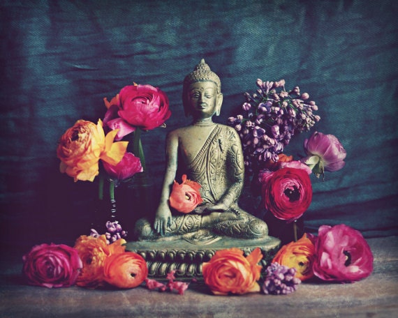 Buddha print  meditation room decor  ranunculus flowers  yoga room 