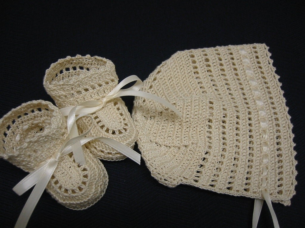Christening Crochet and Booties Baby Boy Cream Ribbons
