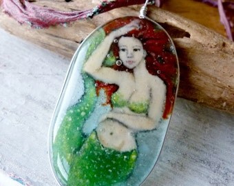 Amazing Mermaid in the water - fused glass pendant - mermaid nekclace