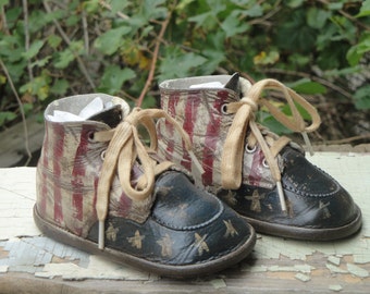 Primitive Hand Painted Americana Hard Sole Baby Shoes