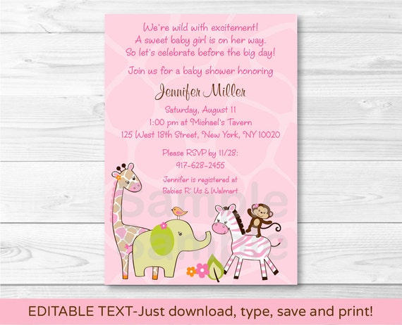 Safari Girl Jungle Animal Baby Shower Invitation INSTANT DOWNLOAD Editable PDF Il_570xn