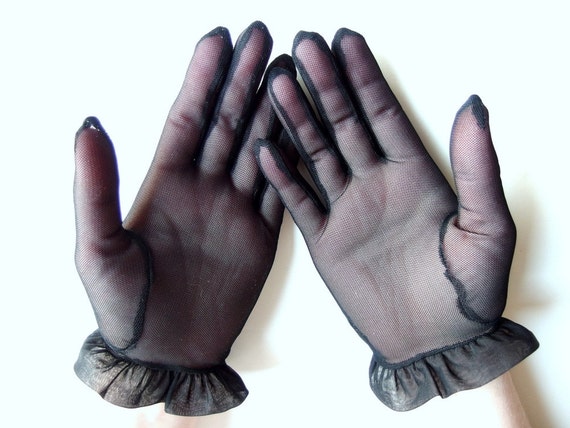 Sheer Black Vintage Dress Gloves With Ruffle