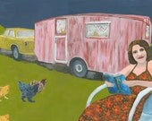 Traveling with chickens.  Limited edition print of an original oil painting by Vivienne Strauss.