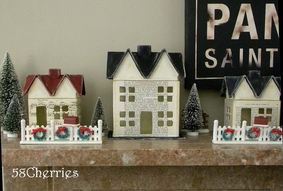 Vintage French Text Fairy House with Black Roof - Medium - Grubby Prim and Shabby Decor - Great Fall or Christmas Display
