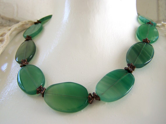 Green chalcedony gemstone necklace beaded big stone