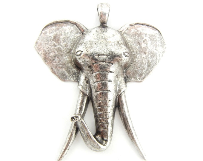 Antique Silver-tone Elephant Head Pendant Long Tusks