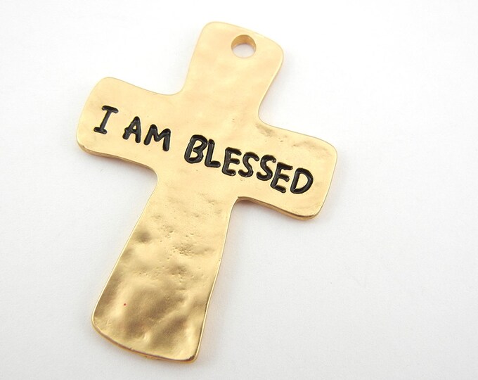 Hammered Gold-tone Cross Charm Pendant saying I am Blessed