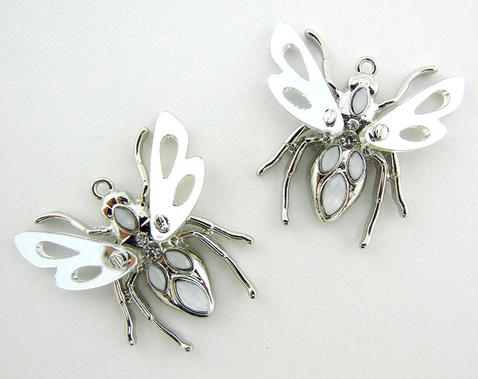 Pair of Bee Charms Silver-tone with Mirrored Lucite Wings
