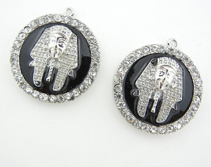 Pair of Round Egyptian Pharaoh Head Charms Silver-tone