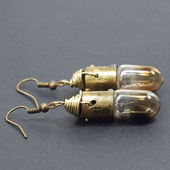 Steampunk Jewelry- Upcycled Brass Burnt Out Light Bulb Earrings, Steampunk Earrings, Lightbulb Earrings, Industrial Jewelry by Tanith Rohe by Tanith steampunk buy now online