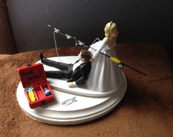 Cake Topper Funny Bridal Wedding Day Bride Groom Going Gone Fishing Theme Hair color changed for free