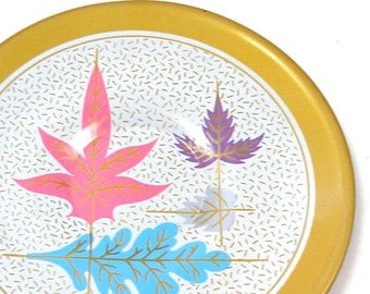 SALE 60's Tin Toy Tea plate with Colorful Leaves by Ohio Art. Smaller size.