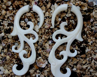 Fake Gauge Earrings - Organic Water Buffalo Bone Fancy Floral Tribal Expanders Hand Carved Fake Piercings