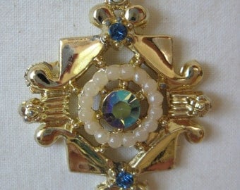 Blue Gold Aurora Pearl Necklace Rhinestone Vintage Pendant