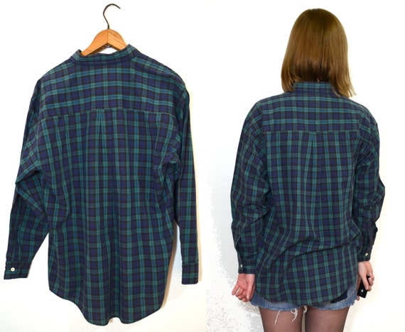 Blue and Green Plaid Shirt Womens Button Up by TheBraidedBandit