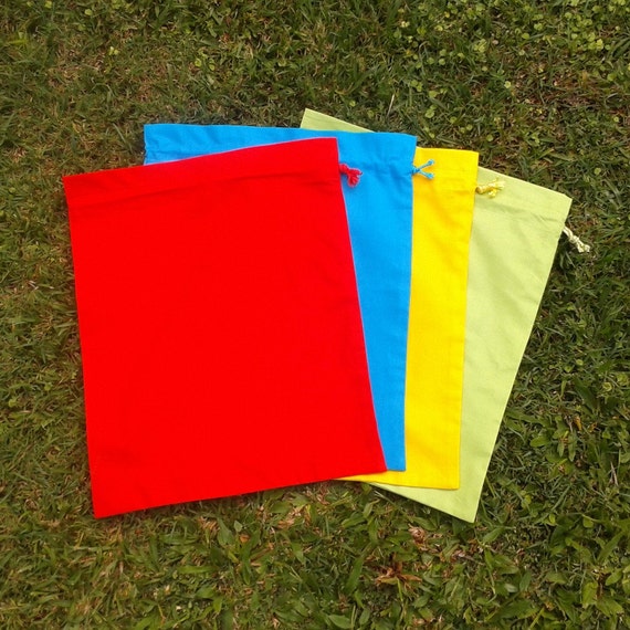 Set of 4 medium cotton drawstring bags, primary colours, for preschool ...