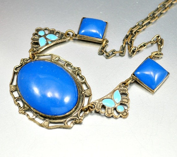 Blue Enamel Art Deco Necklace Gold Brass Filigree Vintage