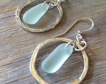 Genuine Sea Glass Jewelry Sea Glass Earrings Hammered Hoops