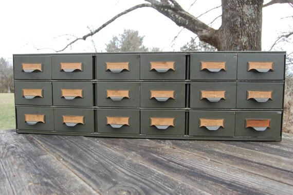 Vintage Industrial Lyon 18 Drawer Olive Drab Metal Cabinet