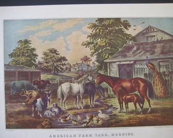 Large Antique color Lithograph, The American Farmyard. FREE U.S. SHIPPING