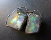 Shimmer beach glass asymmetrical earring pair with solder and flash. Faux Roman glass. 3