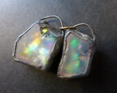 Shimmer beach glass asymmetrical earring pair with solder and flash. Faux Roman glass. 3