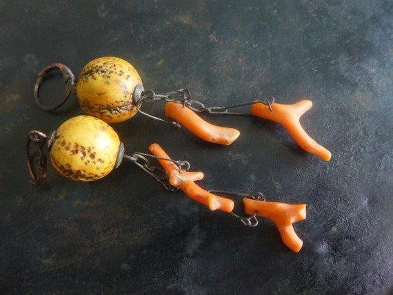 Mischief or Malice. Rustic assemblage earrings. Polymer art beads and antique coral.