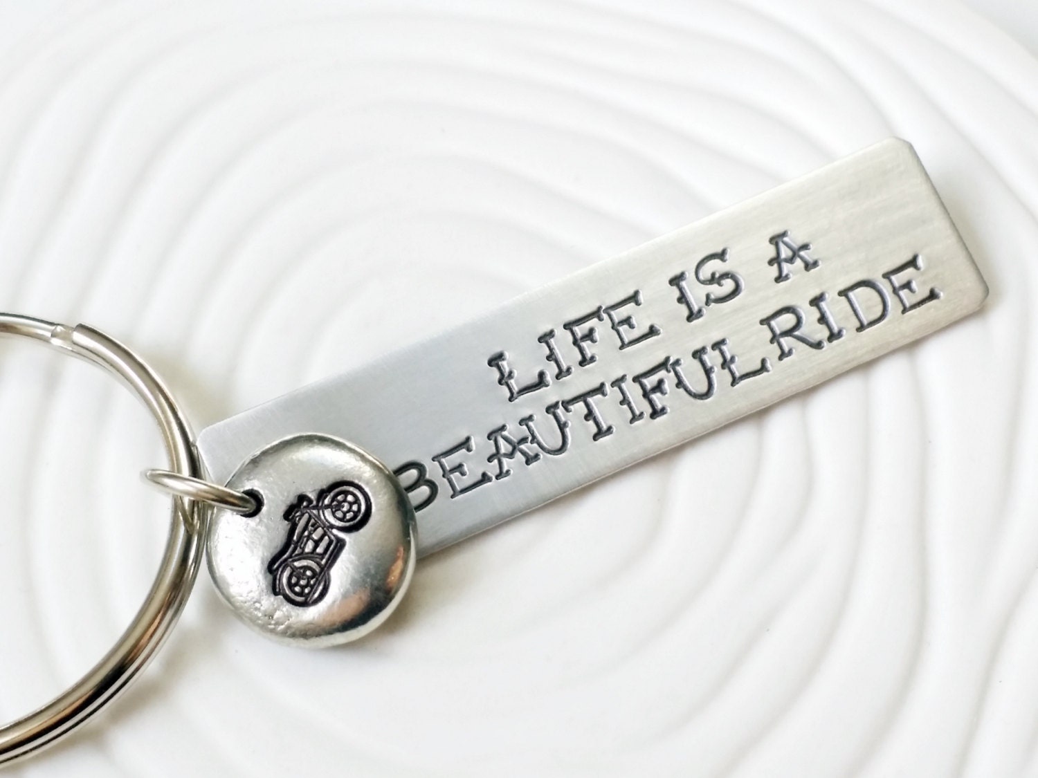 Personalized Hand Stamped Motorcycle Key Chain Life is a