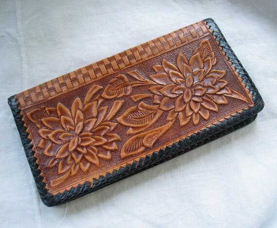 Western Tooled Leather Wallet/ Checkbook Cover Vintage