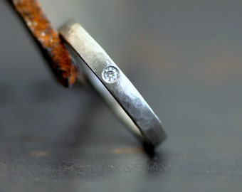 14k palladium white gold ring with flush set diamond, engagement ring band, made to order in your size
