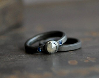 rose cut diamond ring with blue sapphire flush set, sterling silver wedding and engagement set, choose your stones, eco friendly