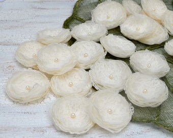 Handmade sheer voile and lace sew on flower appliques, wedding flowers, ivory fabric flowers, rustic lace flowers (5pcs)- CREAM IVORY LACE