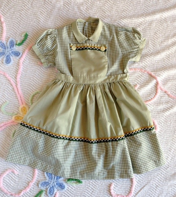 Vintage 1960s Little Girls Dress Size 6 7 Green & White