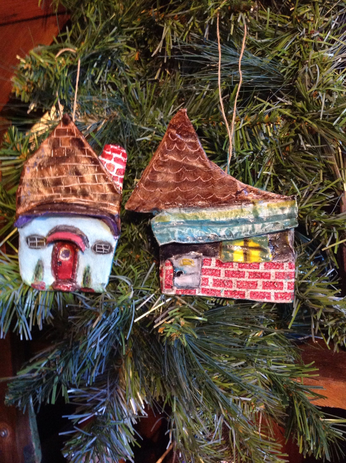 Folk Art paper mâché house ornaments christmas by N2Hookin on Etsy