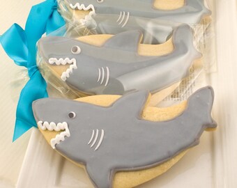 Shark Cookies, Sea Party - 12 Decorated Sugar Cookie Favors