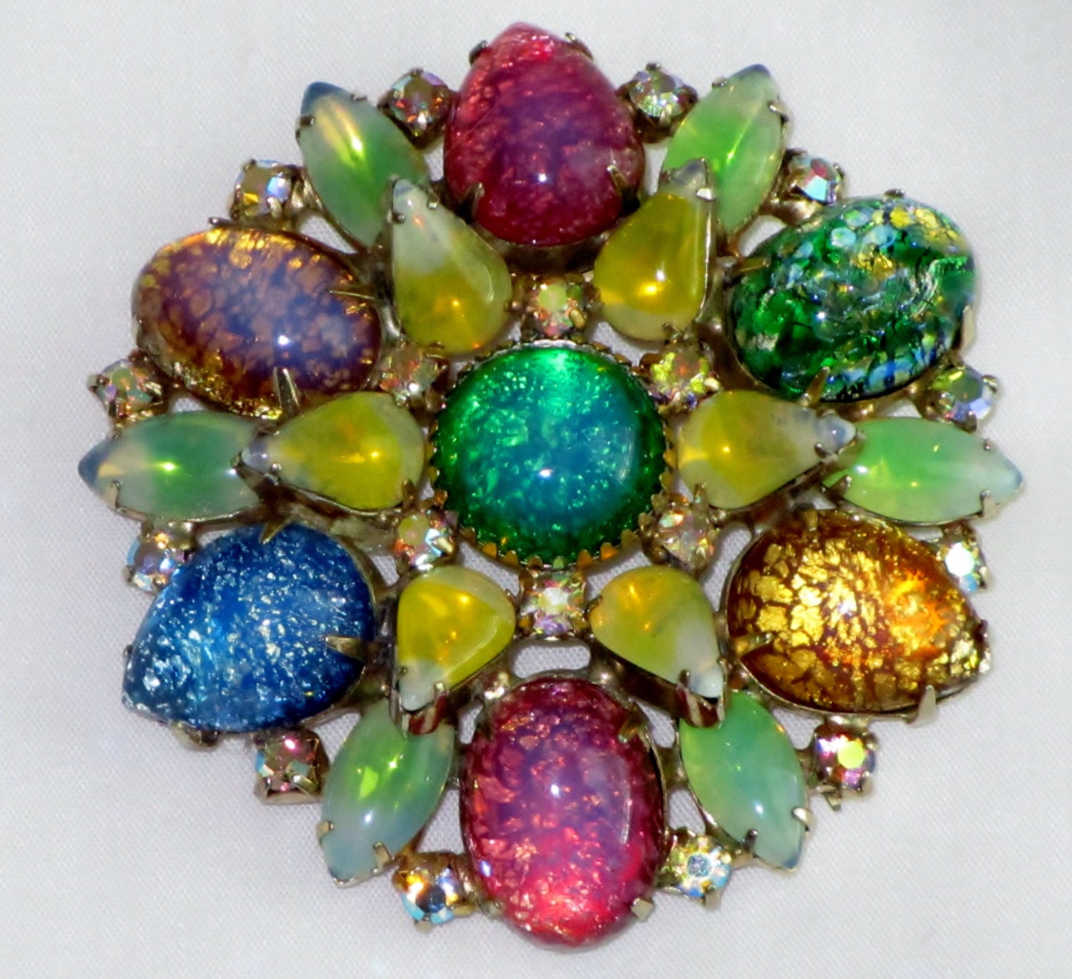 Vintage Foiled Cabochon Art-glass AB Rhinestone Flower