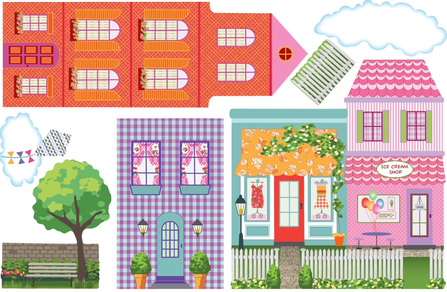 Girl's Dollhouse Town Wall Decals Removable and Reusable