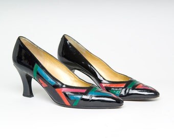 Vintage 80's SANDRO VICARI Geometric Multi Color Black Patent Leather Stiletto Heels (sz 38.5 8M)
