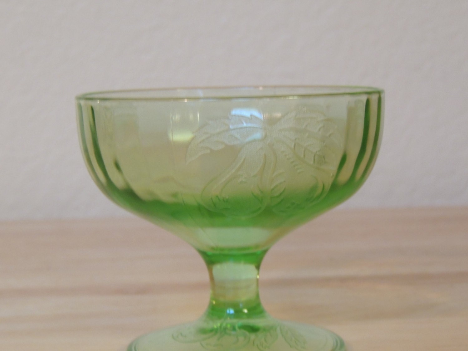 Green Depression Glass FRUITS Pattern Sherbet by Hazel Atlas