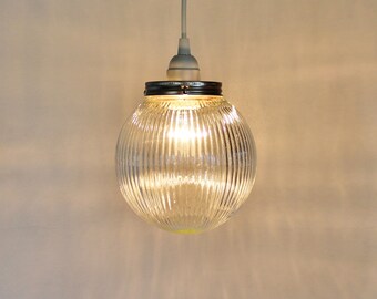 Moon GLOW - Hanging Pendant Lighting Fixture - Upcycled Hanging Lamp - Holophane Ribbed Textured Glass Globe - BootsNGus Lamps