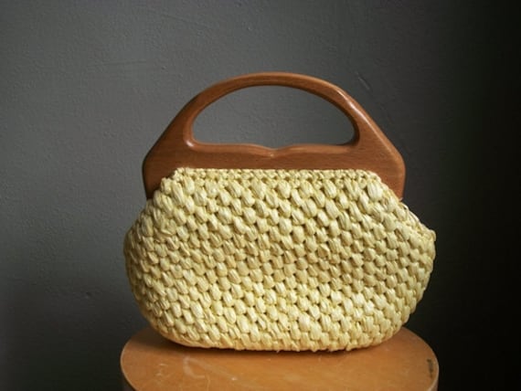 60s yellow STRAW BAG with wood handle by sillyrabbitvintage