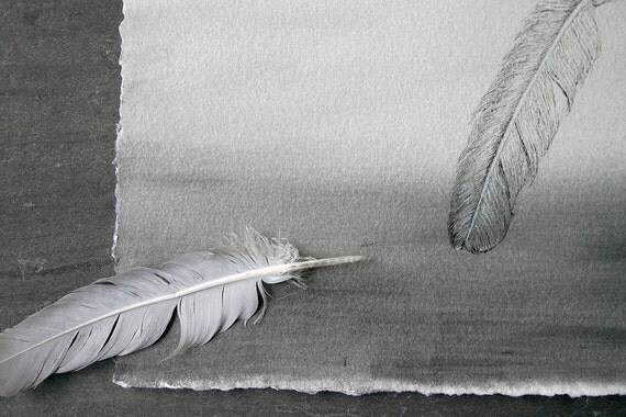 Grey Feather Ombre Drawing Original Mixed Media Fine Art