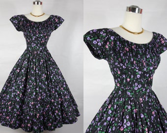 RESERVED 1950's Black Floral Cotton Day Dress With Shelf Bust