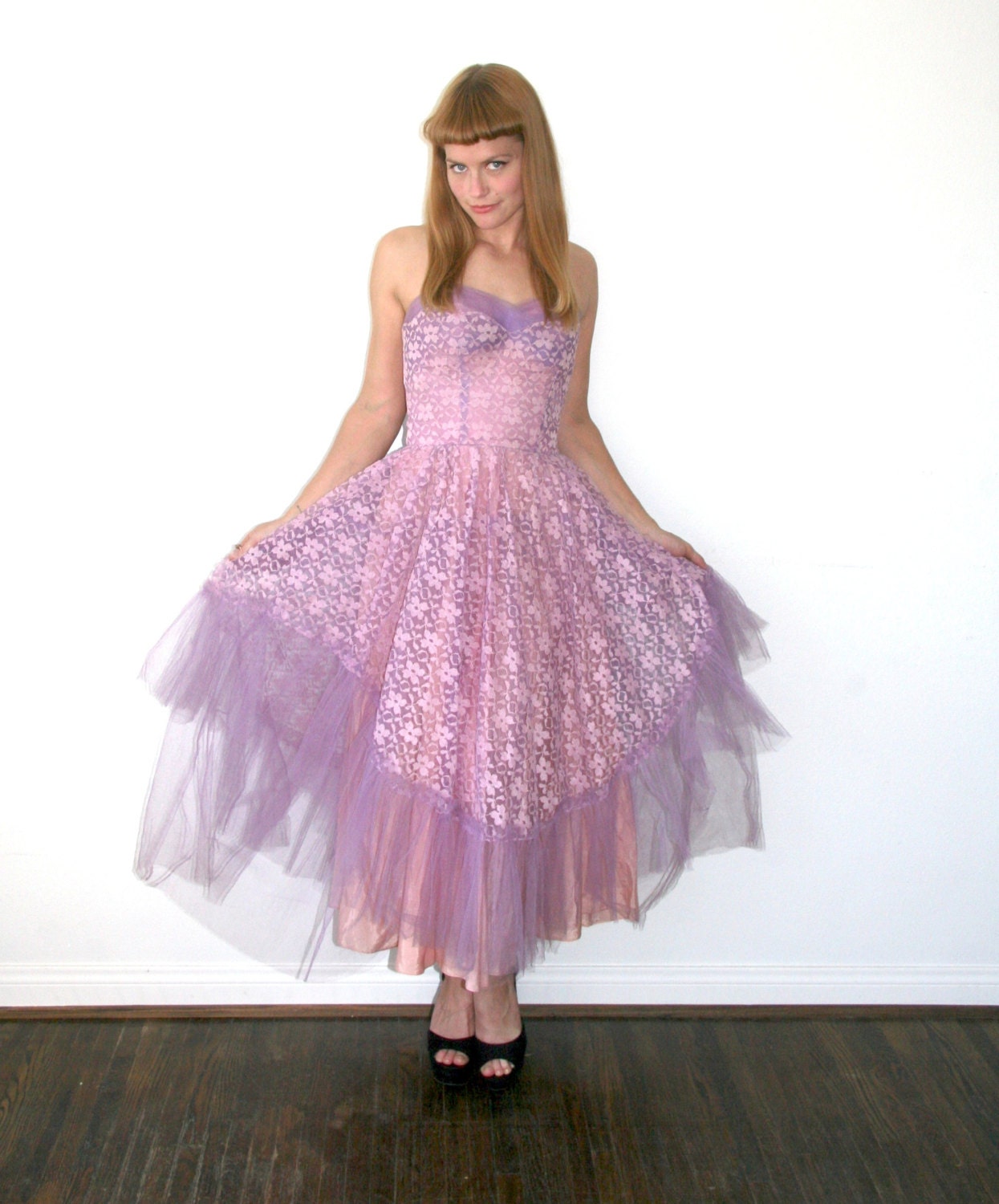 Prom Dress / 50s Prom Dress / Lavender Lace Party Dress Sz XXS
