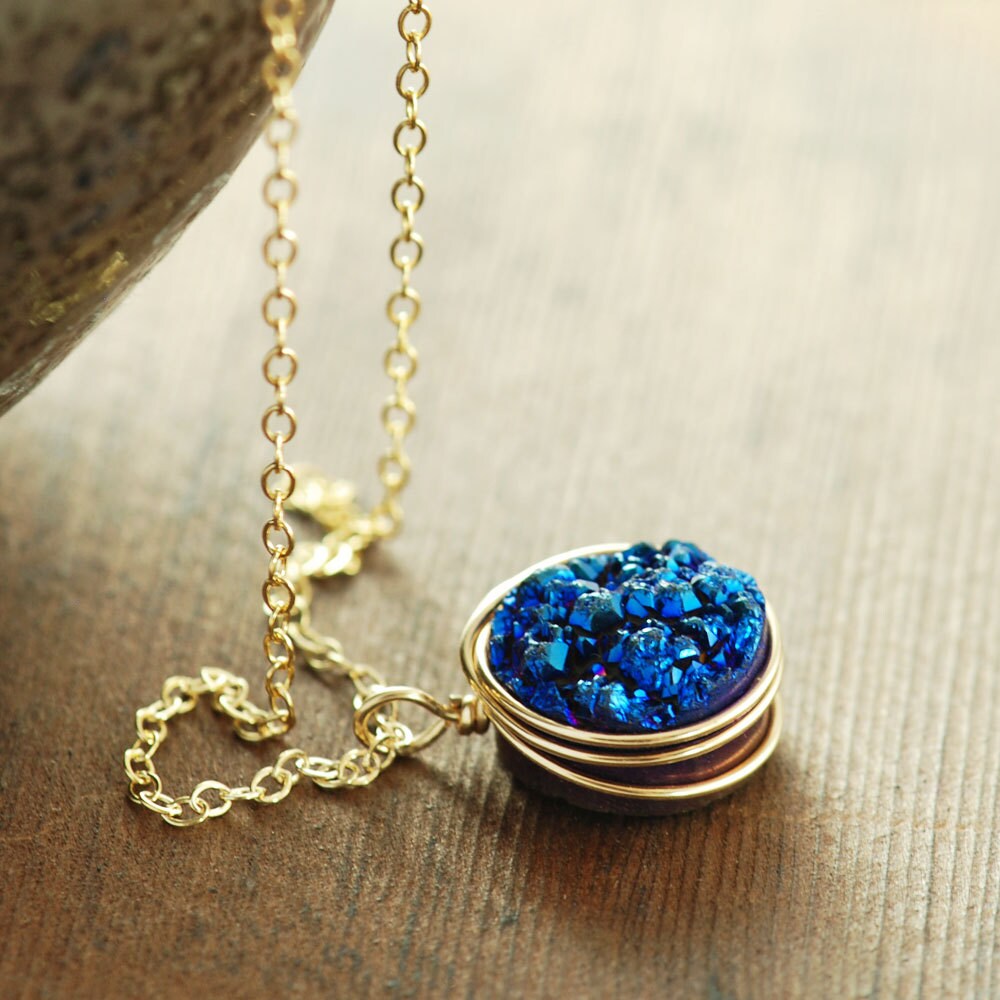 Sapphire Blue Druzy Gemstone Necklace Druzy Pendant Necklace